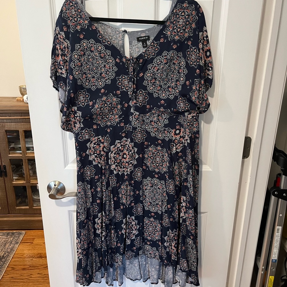 torrid Navy Blue Midi Dress with Pink and Cream Medallion Print